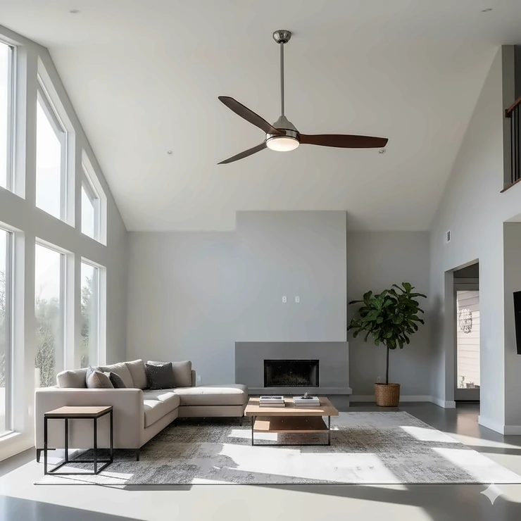 A beautiful, 52-inch ceiling fan with a modern, brushed nickel finish installed in a living room for optimal air circulation.