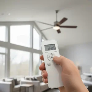 Close-up of a user adjusting the six-speed settings on a 52-inch ceiling fan using its handheld remote control for convenience.