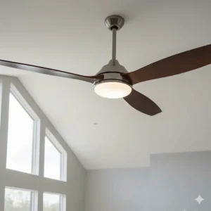 Detailed view of the integrated LED light kit on a 52-inch ceiling fan, providing energy-efficient illumination for a family room.