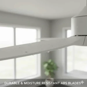 Close-up view of durable ABS plastic blades on a large 60 inch ceiling fan, showcasing the material's moisture resistance.