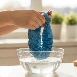 A hand soaking a polymer bead cooling neck wrap in a bowl of water to activate for use in hot weather.