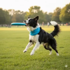 An active border collie wearing a cooling neck wrap for dogs while playing fetch in the park, staying comfortable and safe from overheating.