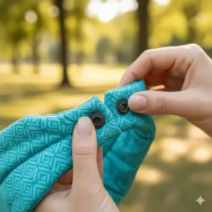 Detail shot showing the adjustable snap or tie mechanism on a cooling neck wrap to ensure a perfect fit.