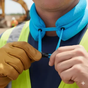 Image of the adjustable tie or closure on the cooling neck wrap, demonstrating a secure and customized fit for any worker.