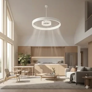 A compact air multiplier ceiling fan mounted in a contemporary kitchen space, providing quiet and consistent airflow.