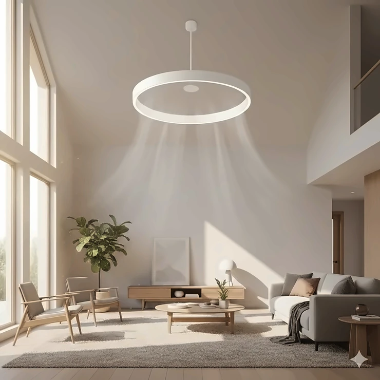 A sleek, modern air multiplier ceiling fan installed in a living room, highlighting its blade-less and energy-efficient design.