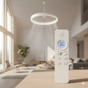 Close-up of the intuitive remote control used to adjust the settings (speed, direction, timer) of the air multiplier ceiling fan.