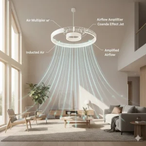 Diagram illustrating the air multiplier technology used in a ceiling fan to draw in and amplify airflow.