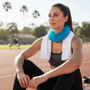 Athlete using the gel cooling neck wrap post-workout for quick recovery and muscle soothing after exercise.