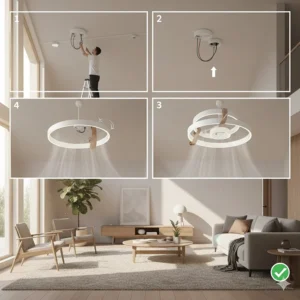 Step-by-step guide showing the installation process of a bladeless air multiplier ceiling fan on a standard ceiling mount.