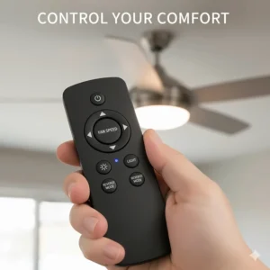 Hand holding a remote control used to adjust the speed and dim the LED light on a 60 inch ceiling fan.