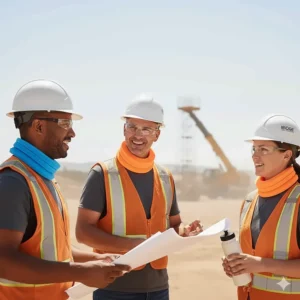 Team of construction workers wearing various cooling neck wraps to stay cool and productive on a hot work environment.