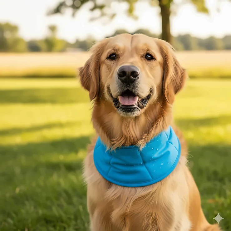 A cool neck wrap for dogs in a bright blue color being worn by a golden retriever sitting happily outdoors on a hot summer day.