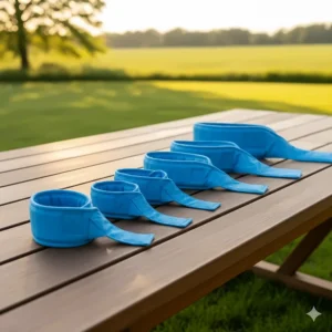 An array of cool neck wraps for dogs showing various sizes and adjustable straps for a perfect fit on any breed.