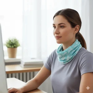 Woman at a desk wearing a stylish cooling neck bandana for personal comfort in a warm indoor environment.