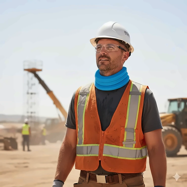 Cooling neck wrap for construction workers providing instant relief from heat stress on a sunny outdoor job site.