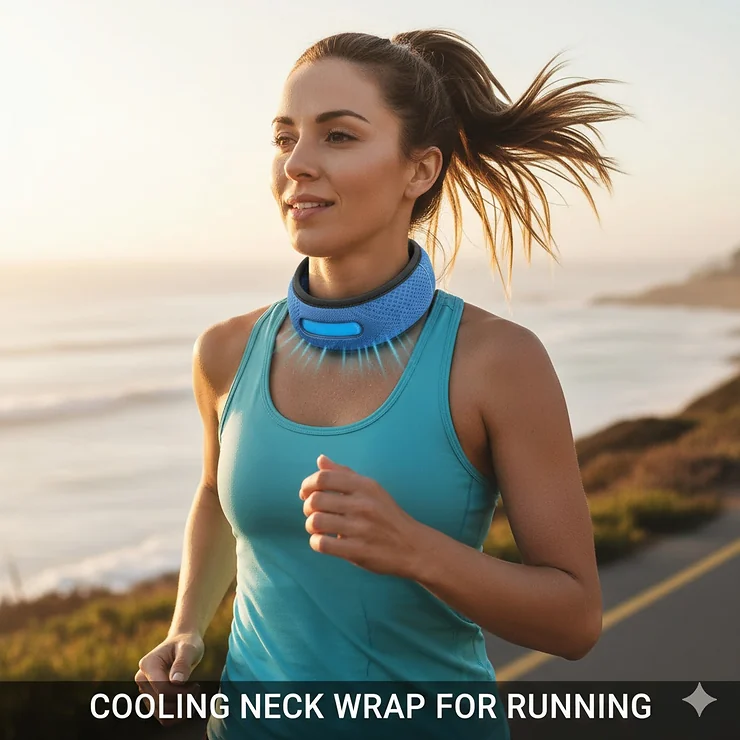 Cooling neck wrap worn by a woman running outdoors on a sunny day, providing relief from the heat. Cooling neck wrap for running