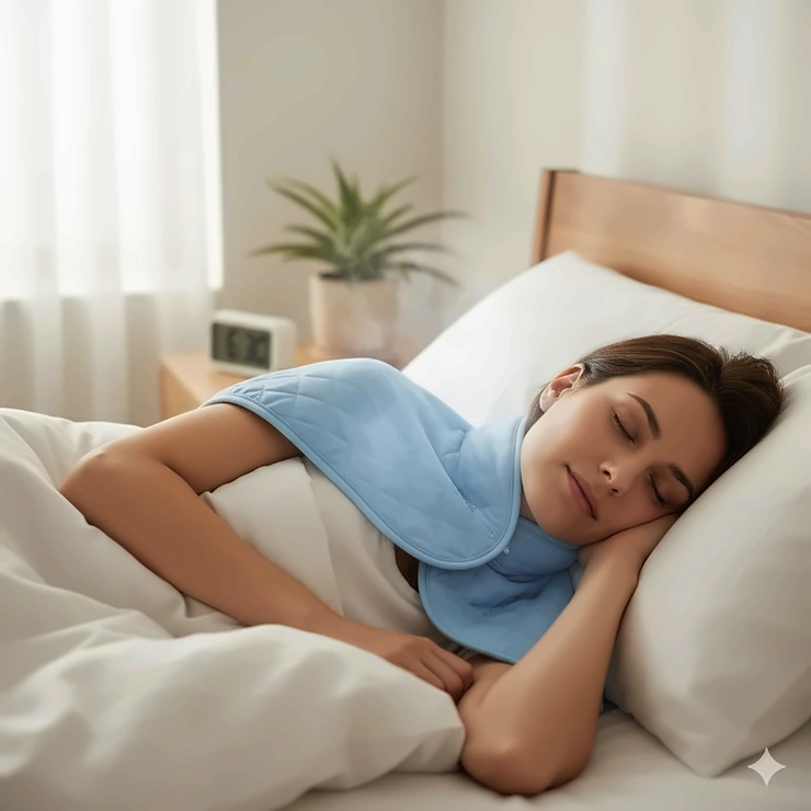 Cooling neck wrap resting comfortably around a person's neck as they sleep, promoting deep, refreshing rest.