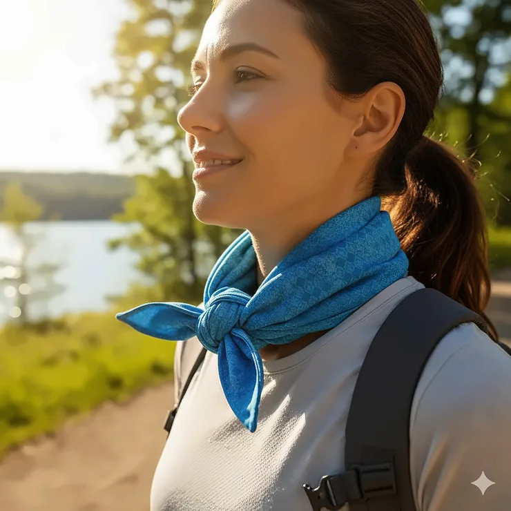 Cooling neck wrap in a vibrant blue color, shown on a person outdoors for relief in hot weather. Cooling neck wraps for hot weather