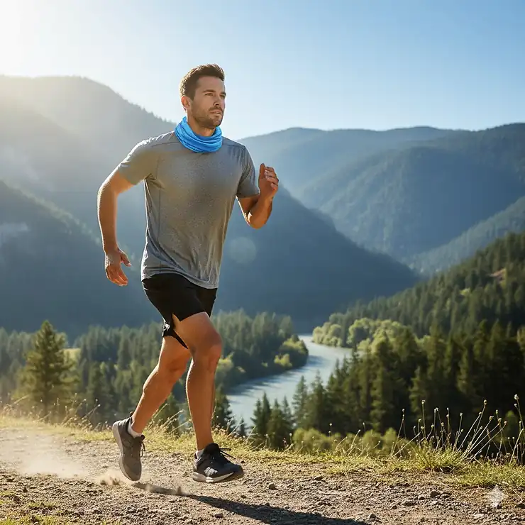 Athlete wearing a blue cooling neck wrap after an intense sports workout to relieve heat.