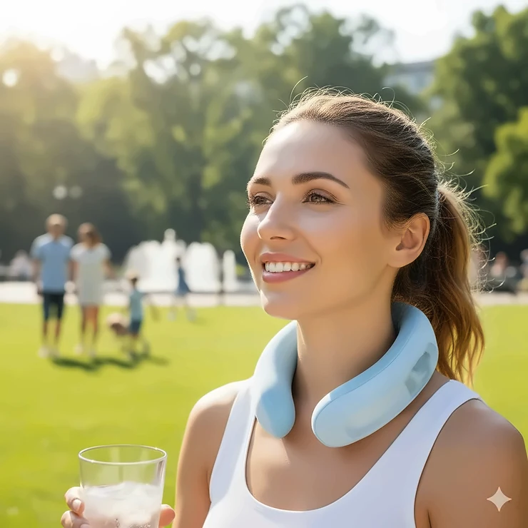 A woman wearing a blue cooling neck wrap to beat the summer heat outdoors. Cooling neck wraps for summer heat