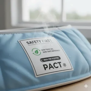 Close-up of the product label indicating the non-toxic, skin-safe gel used in the cooling neck wrap for sleeping.