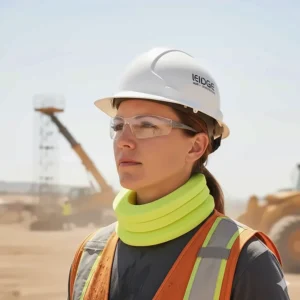 Cooling neck wrap in high-visibility color, emphasizing UV protection and sun shade for the neck area during long shifts.