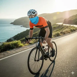 Cyclist wearing a specialized sports cooling scarf for sun protection and neck relief.