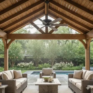 A damp-rated 52-inch ceiling fan installed on a covered outdoor patio, designed for use in humid or wet locations.