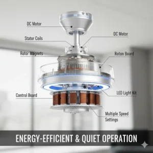 Diagram showing the energy-efficient DC motor of a 60 inch ceiling fan, highlighting quiet operation and multiple speed settings.