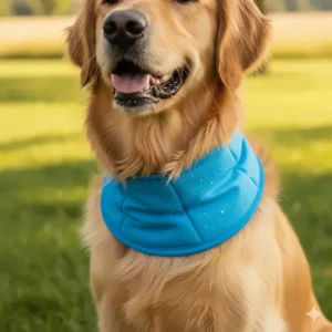 Close-up view of the breathable fabric and gel pockets on the cool neck wrap for dogs.