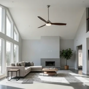 A long downrod extension properly installing a 52-inch ceiling fan in a living room with a high ceiling for best performance.