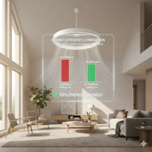 Chart comparing the energy efficiency (kWh) of a traditional fan versus an air multiplier ceiling fan to show savings.