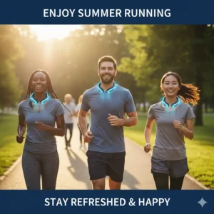 Runner smiling and enjoying a summer workout thanks to the effective neck cooler for staying refreshed.