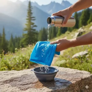 Close-up of an evaporative cooling neck wrap being wet down before a long hike.