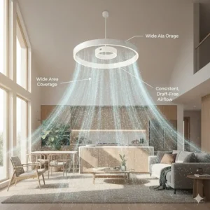 Simulation graphic demonstrating the wide and smooth air distribution pattern created by the air multiplier fan.