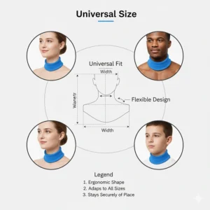 Diagram illustrating the ergonomic design and universal fit of the cooling neck wrap for various neck sizes.