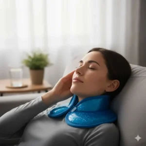 Illustration demonstrating how the gel neck wrap provides targeted, drug-free cooling for migraine and headache relief.