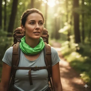 A hiker wearing a lightweight cooling neck wrap to stay comfortable while hiking in hot weather trails.