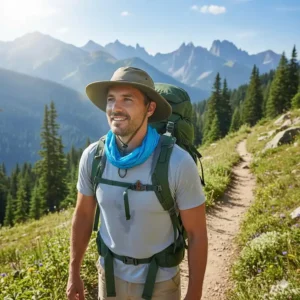 Hiker wearing a blue cooling neck wrap for hiking on a sunny mountain trail.