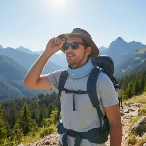 Hiker using a neck cooling band for sports and outdoor activities on a hot day.