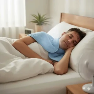 A hot sleeper looking relaxed and cool in bed while wearing the cooling neck wrap for sleeping.