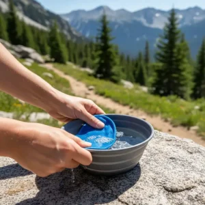 User soaking an activated cooling neck wrap in a bowl of water to prepare for hiking.