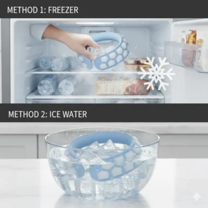 Instructions image showing how to easily recharge a cooling neck wrap in a freezer or ice water.