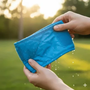 A fully soaked cool neck wrap for dogs being held up, ready to be fastened around a pet's neck for instant relief.