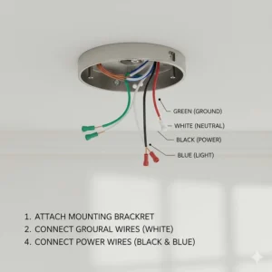 Step-by-step diagram showing the basic electrical wiring for installing a 42-inch ceiling fan box.