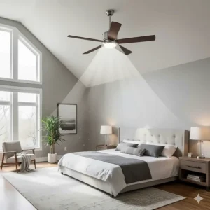 High-angle shot of a 52-inch ceiling fan effectively cooling a large bedroom, showcasing its broad airflow coverage.