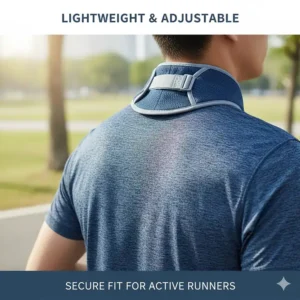 Lightweight and adjustable neck wrap design, focusing on the comfortable, secure fit for active runners.