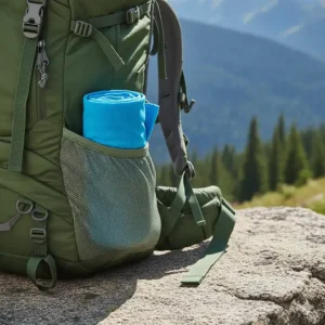 A rolled-up cooling neck wrap tucked into a small hiking backpack side pocket, highlighting portability.