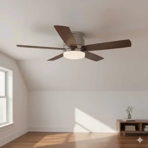 Low profile 42 inch ceiling fan (hugger mount) installed flush on a ceiling for rooms with limited height.